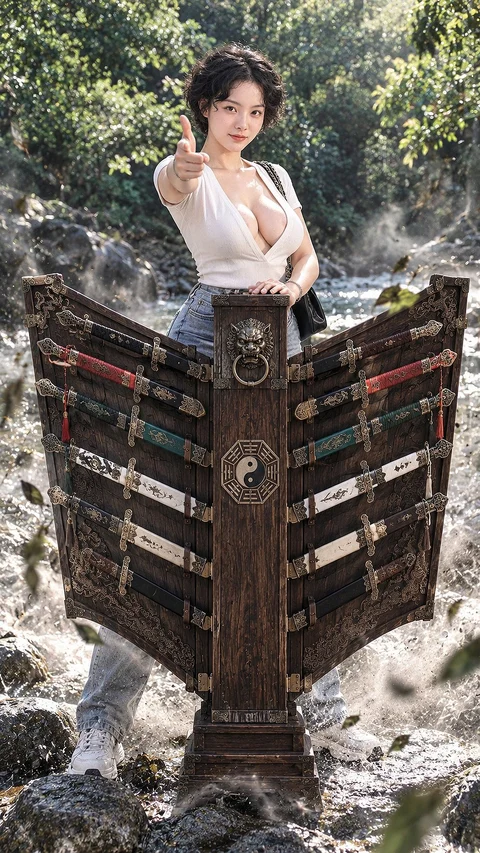 A woman stands behind a large ornamented wooden shield among rocks and trees beside flowing water.