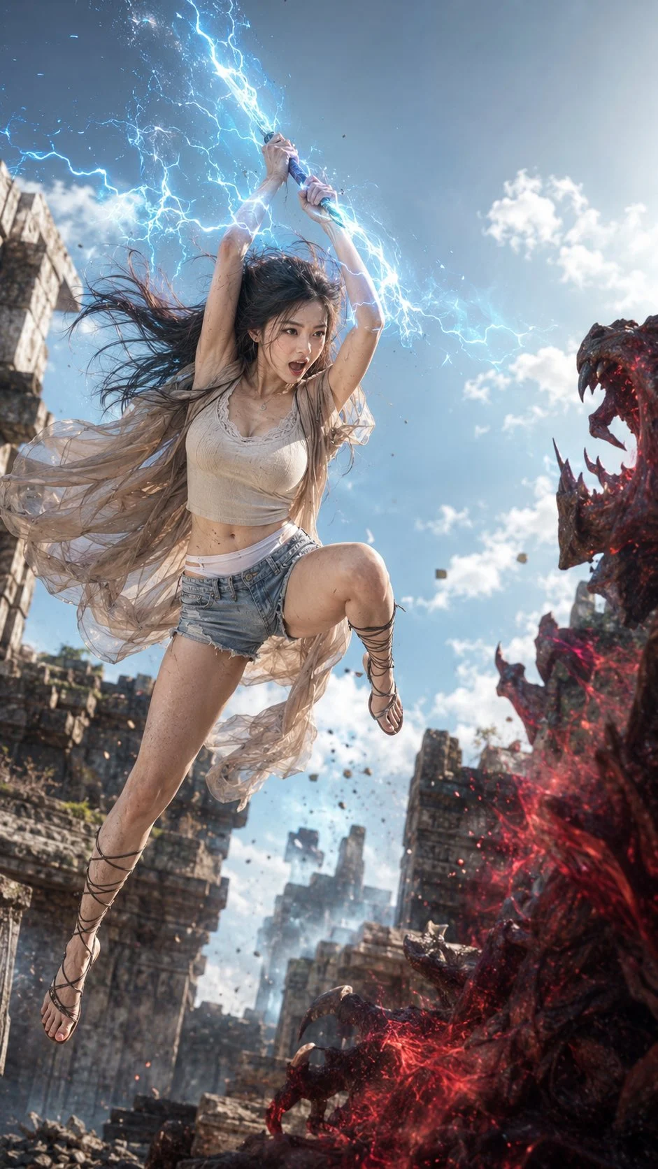 A giant fantasy figure raises an arm toward lightning while leaping between broken city buildings.