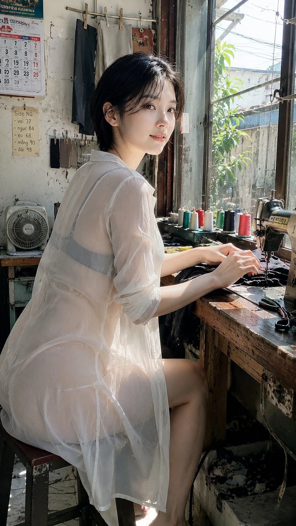 A woman in a light robe sits sideways at a dressing table beside a barred window.
