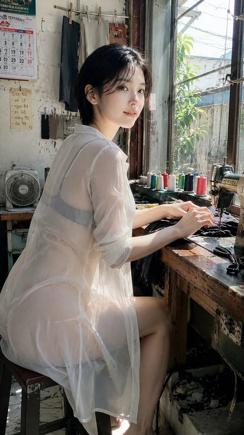 A woman in a light robe sits sideways at a dressing table beside a barred window.