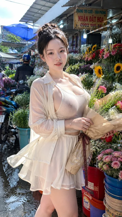A woman in a pale ruffled dress holds flowers beside colorful market bouquets.