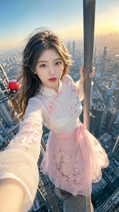 A woman in a pale pink skirt and light top takes a selfie from a high city viewpoint.